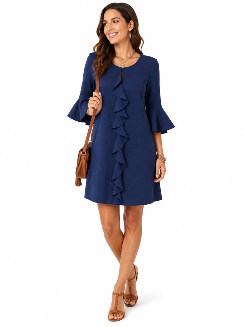 Gabby Skye Navy Ruffle Front Bell Sleeve Mini Dress Size 8 Cocktail Office